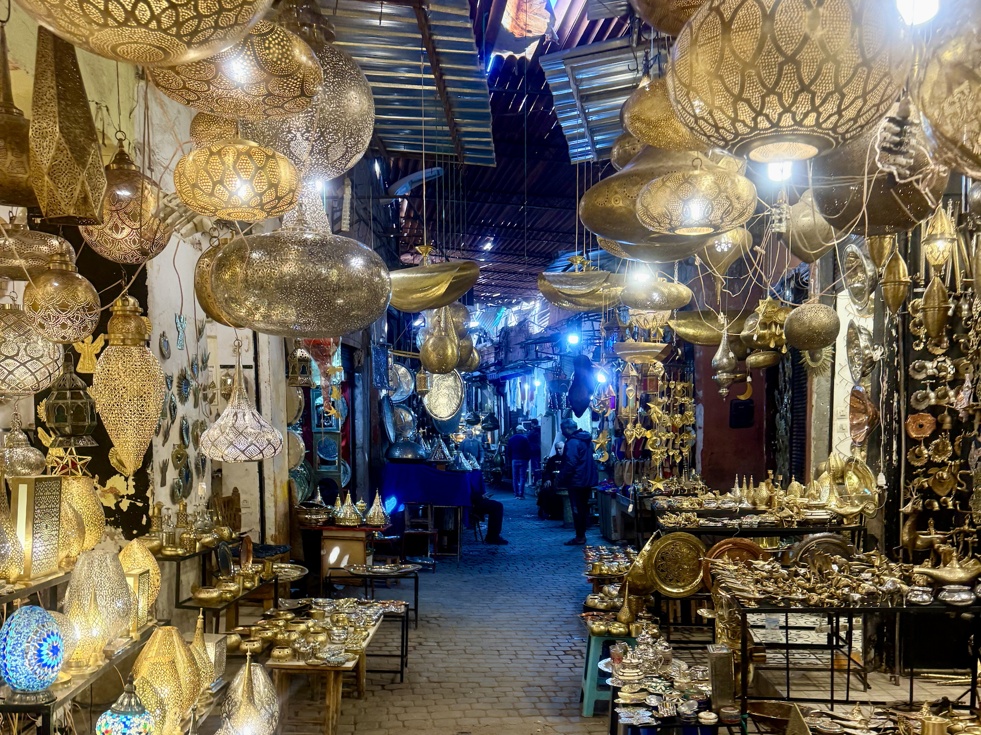 Lanterns and all gold trinkets in the souks markets in Marrakech 