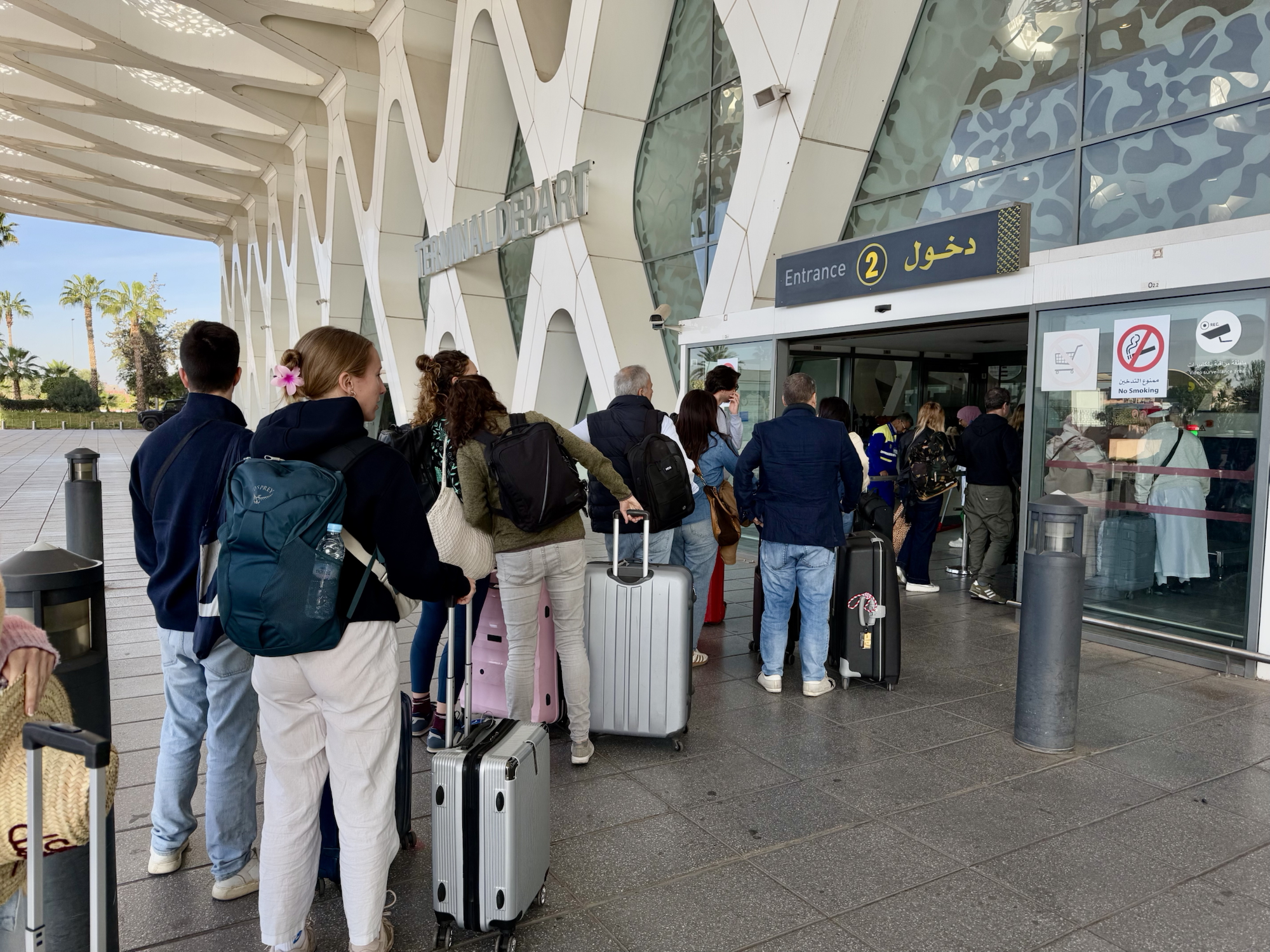 Queues at Marrakech airport to get into the airport 
